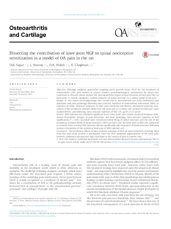 Dissecting the contribution of knee joint NGF to spinal nociceptive sensitization in a model of OA pain in the rat Thumbnail