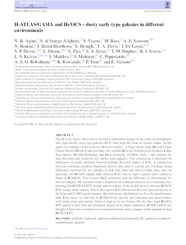 H-ATLAS/GAMA and HeViCS – dusty early-type galaxies in different environments Thumbnail