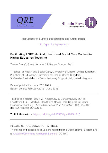 Facilitating LGBT medical, health and social care content in higher education teaching Thumbnail