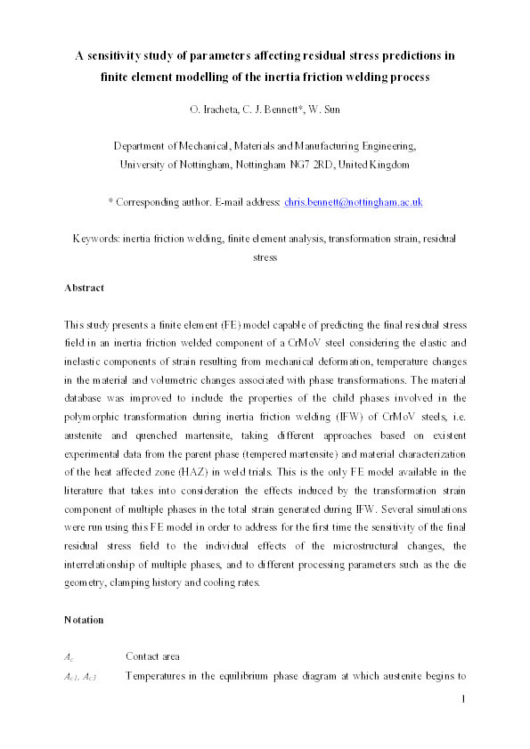 A sensitivity study of parameters affecting residual stress predictions in finite element modelling of the inertia friction welding process Thumbnail