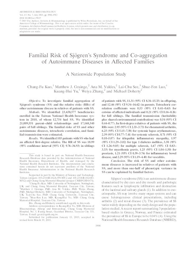 Familial risk of Sjögren's syndrome and co-aggregation of autoimmune diseases in affected families: a nationwide population study Thumbnail