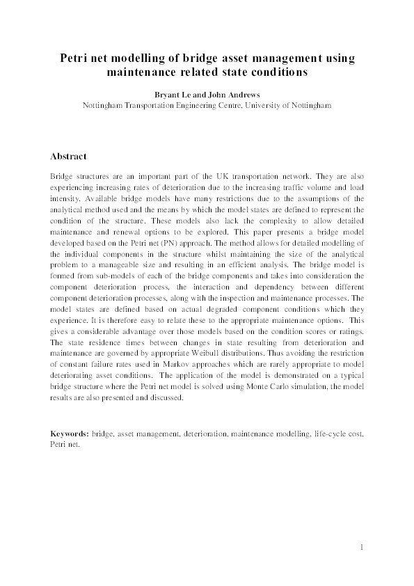 Petri net modelling of bridge asset management using maintenance-related state conditions Thumbnail