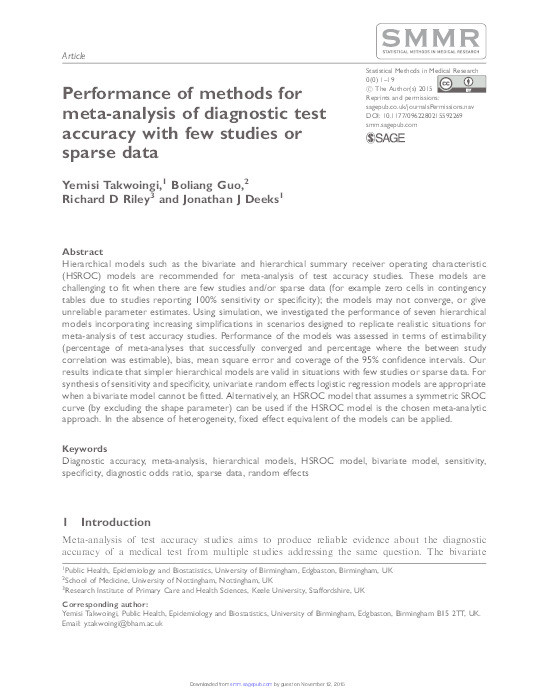 Performance of methods for meta-analysis of diagnostic test accuracy with few studies or sparse data Thumbnail