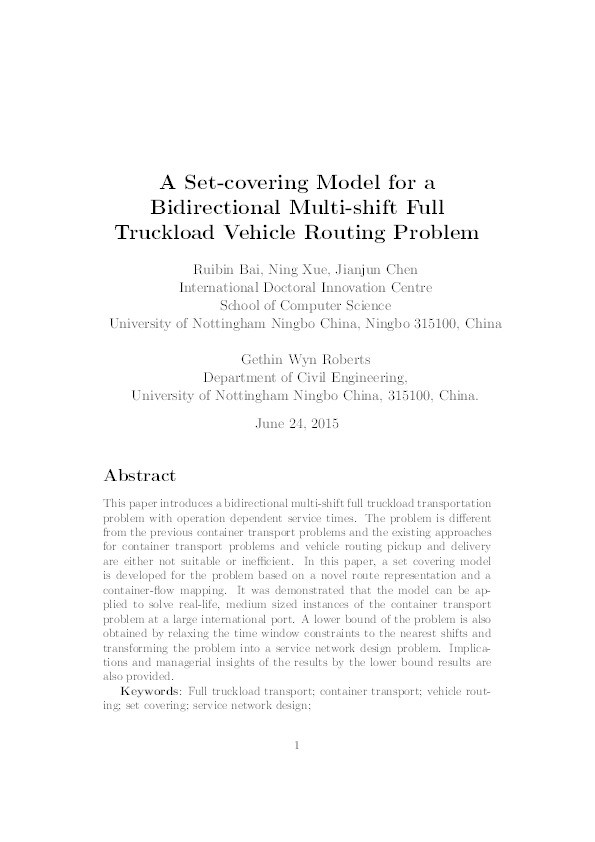 A set-covering model for a bidirectional multi-shift full truckload vehicle routing problem Thumbnail