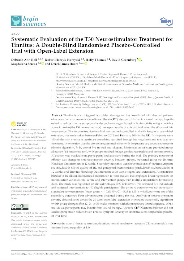 Systematic Evaluation of the T30 Neurostimulator Treatment for Tinnitus: A Double-Blind Randomised Placebo-Controlled Trial with Open-Label Extension Thumbnail