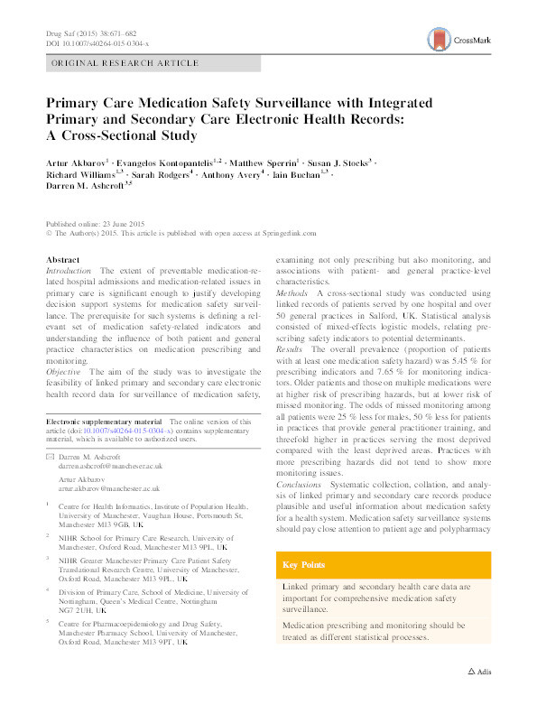 Primary Care Medication Safety Surveillance with Integrated Primary and Secondary Care Electronic Health Records: A Cross-Sectional Study Thumbnail