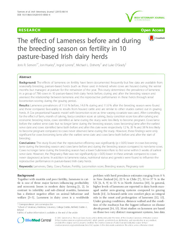 The effect of Lameness before and during the breeding season on fertility in 10 pasture-based Irish dairy herds Thumbnail