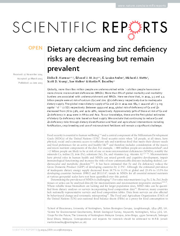 Dietary calcium and zinc deficiency risks are decreasing but remain prevalent Thumbnail