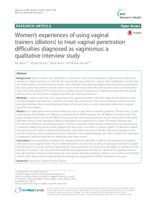 Women’s experiences of using vaginal trainers (dilators) to treat vaginal penetration difficulties diagnosed as vaginismus: a qualitative interview study Thumbnail