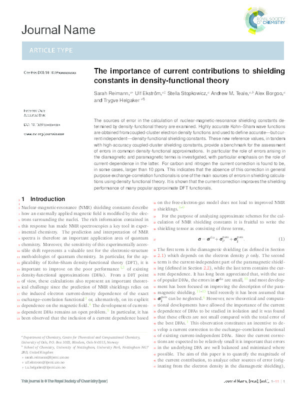 The importance of current contributions to shielding constants in density-functional theory Thumbnail