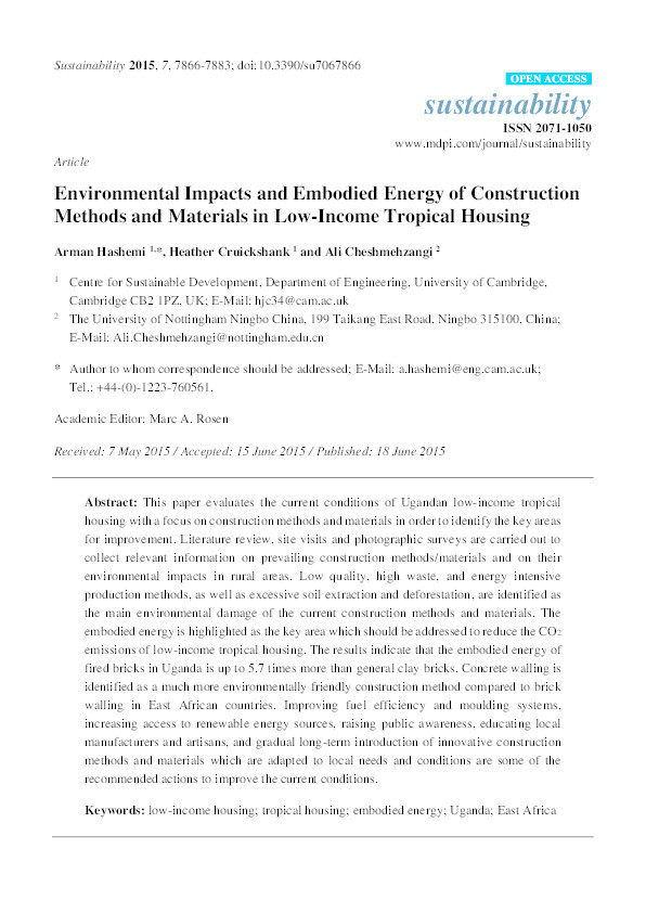 Environmental impacts and embodied energy of construction methods and materials in low-income tropical housing Thumbnail