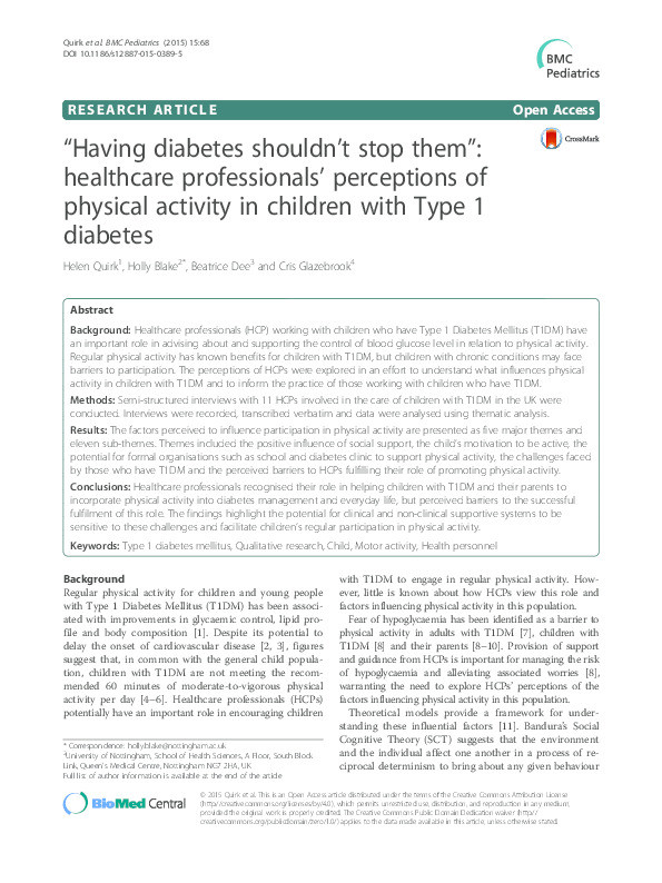 “Having diabetes shouldn’t stop them”: healthcare professionals’ perceptions of physical activity in children with Type 1 diabetes Thumbnail