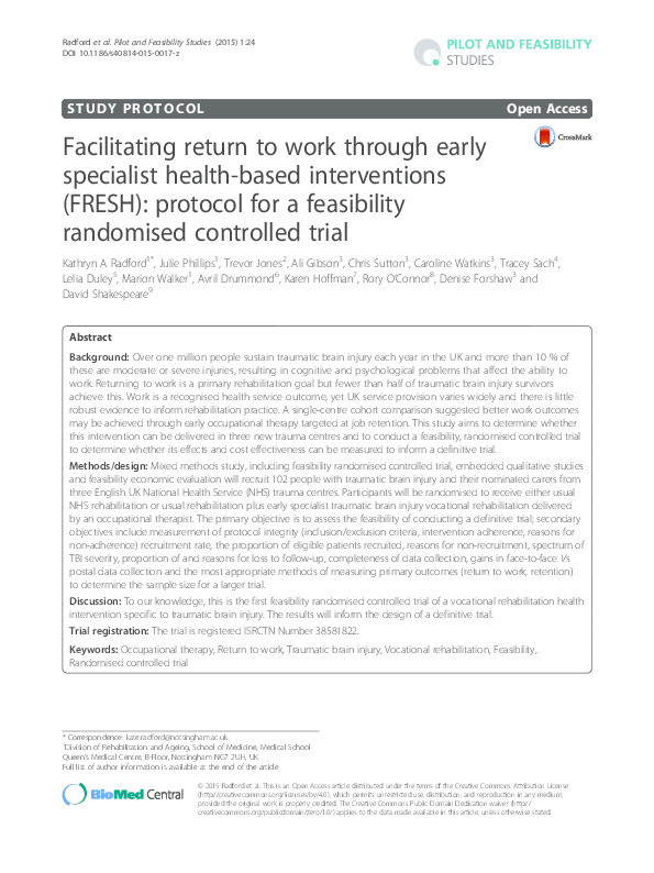 Facilitating return to work through early specialist health-based interventions (FRESH): Protocol for a feasibility randomised controlled trial Thumbnail