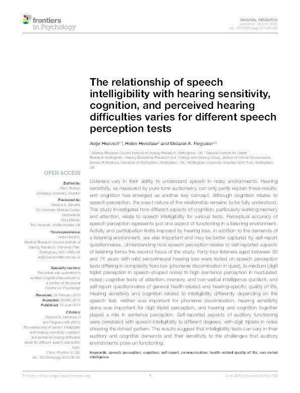 The relationship of speech intelligibility with hearing sensitivity, cognition, and perceived hearing difficulties varies for different speech perception tests Thumbnail