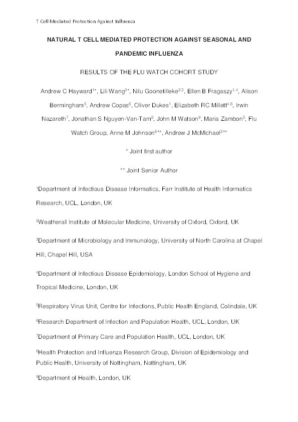 Natural T cell–mediated protection against seasonal and pandemic Influenza: results of the Flu Watch cohort study Thumbnail