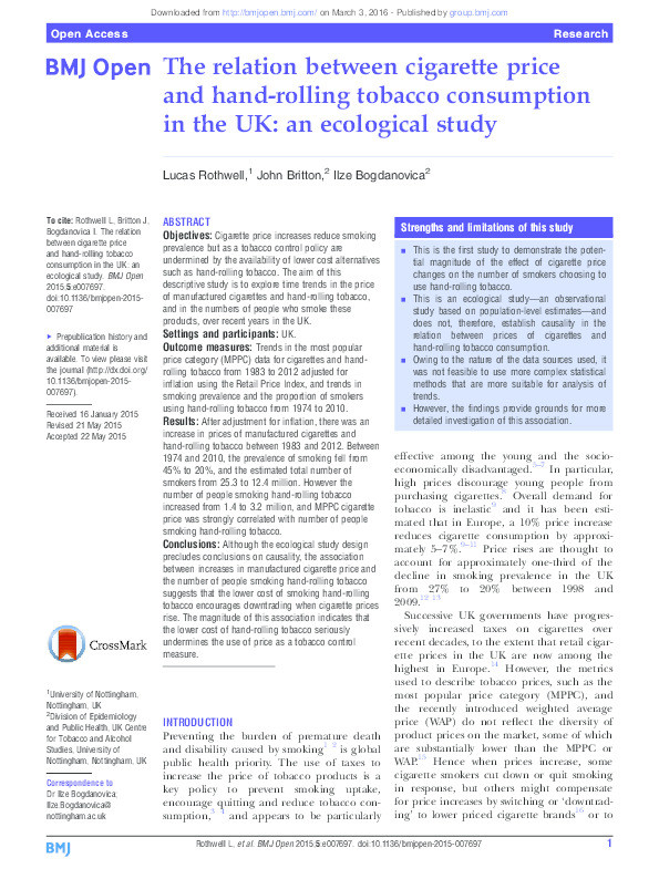 The relation between cigarette price and hand-rolling tobacco consumption in the UK: an ecological study Thumbnail