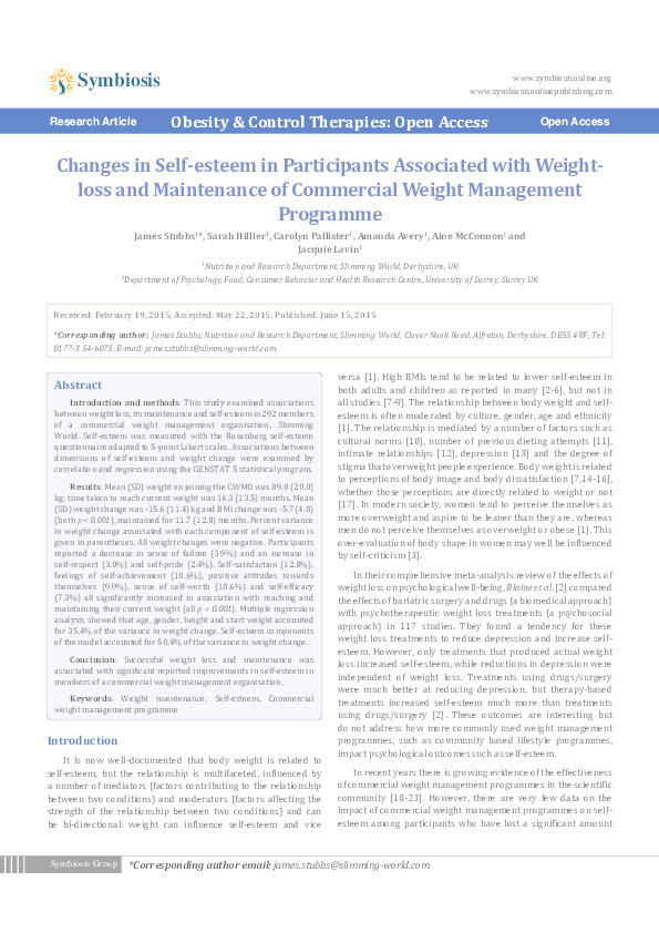 Changes in self-esteem in participants associated with Weightloss and Maintenance of Commercial Weight Management Programme Thumbnail