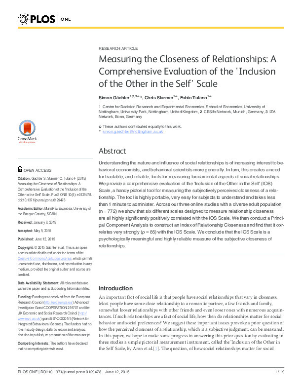 Measuring the closeness of relationships: a comprehensive evaluation of the 'Inclusion of the Other in the Self' scale Thumbnail