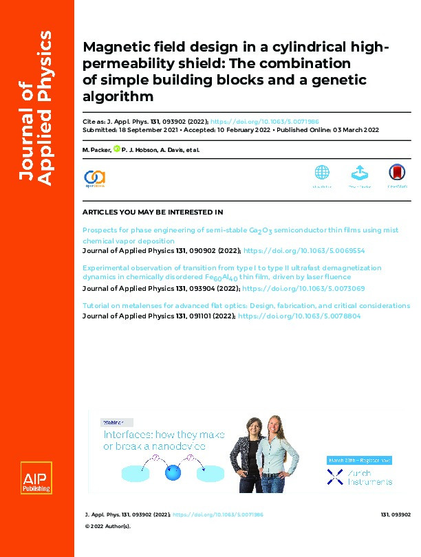 Magnetic field design in a cylindrical high-permeability shield: The combination of simple building blocks and a genetic algorithm Thumbnail