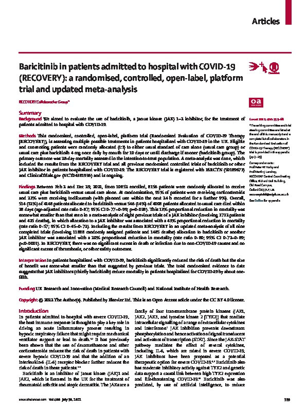 Baricitinib in patients admitted to hospital with COVID-19 (RECOVERY): a randomised, controlled, open-label, platform trial and updated meta-analysis Thumbnail