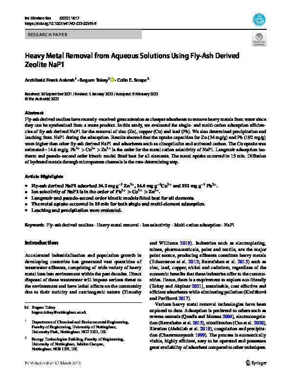 Heavy Metal Removal from Aqueous Solutions Using Fly-Ash Derived Zeolite NaP1 Thumbnail