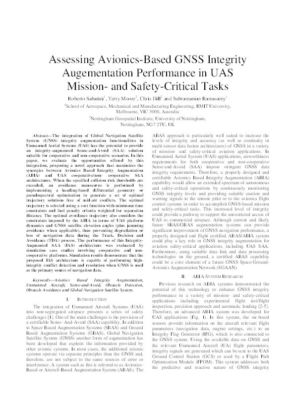 Assessing avionics-based GNSS integrity augmentation performance in UAS mission- and safety-critical tasks Thumbnail