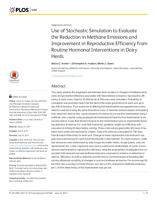 Use of stochastic simulation to evaluate the reduction in methane emissions and improvement in reproductive efficiency from routine hormonal interventions in dairy herds Thumbnail