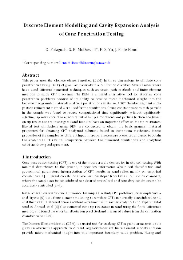 Discrete element modelling and cavity expansion analysis of cone penetration testing Thumbnail