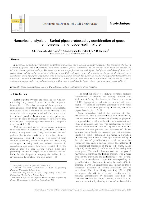 Numerical analysis on Buried pipes protected by combination of geocell reinforcement and rubber-soil mixture Thumbnail