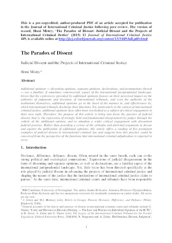 The paradox of dissent: judicial dissent and the projects of international criminal justice Thumbnail