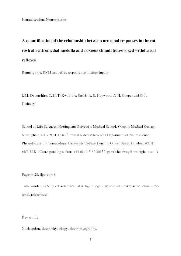 A quantification of the relationship between neuronal responses in the rat rostral ventromedial medulla and noxious stimulation-evoked withdrawal reflexes Thumbnail