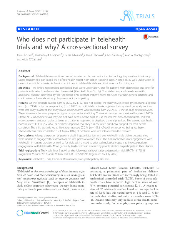 Who does not participate in telehealth trials and why? A cross-sectional survey Thumbnail