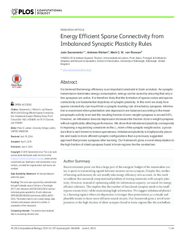 Energy efficient sparse connectivity from imbalanced synaptic plasticity rules Thumbnail