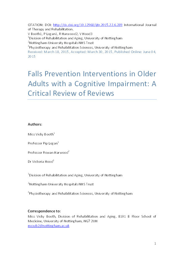 Falls prevention interventions in older adults with cognitive impairment: A systematic review of reviews Thumbnail
