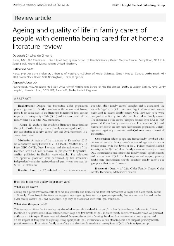 Ageing and quality of life in family carers of people with dementia being cared for at home: a literature review Thumbnail
