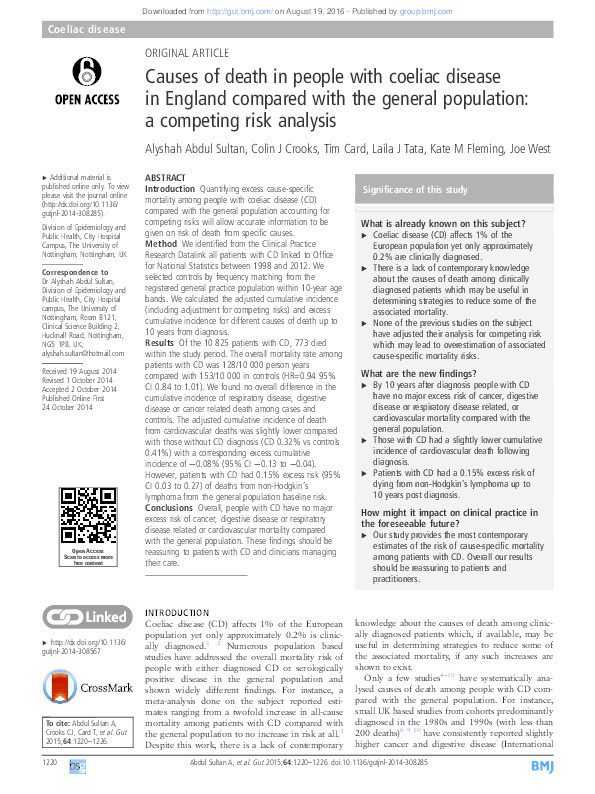 Causes of death in people with coeliac disease in England compared with the general population: a competing risk analysis Thumbnail