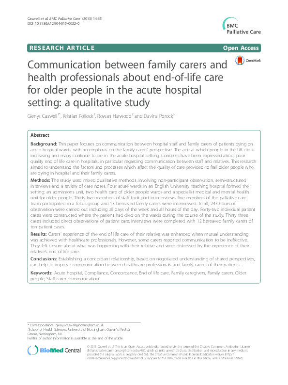 Communication between family carers and health professionals about end-of-life care for older people in the acute hospital setting: a qualitative study Thumbnail