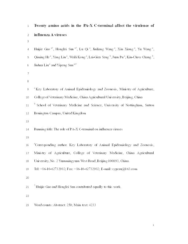 Twenty amino acids at the C-terminus of PA-X are associated with increased influenza A virus replication and pathogenicity Thumbnail