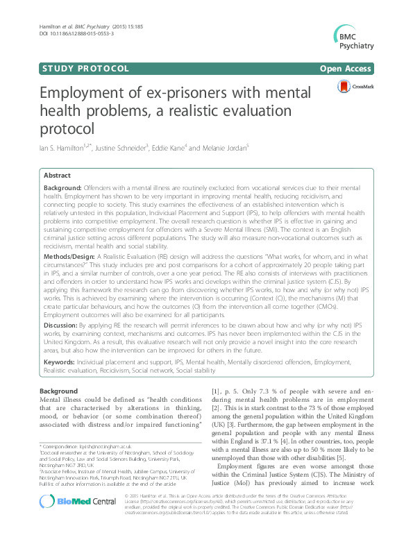 Employment of ex-prisoners with mental health problems, a realistic evaluation protocol Thumbnail