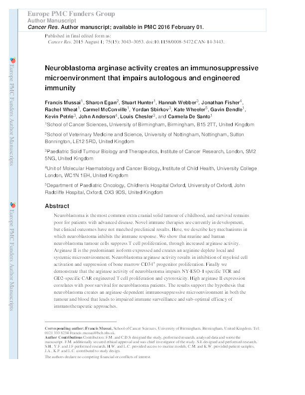 Neuroblastoma arginase activity creates an immunosuppressive microenvironment that impairs autologous and engineered immunity Thumbnail