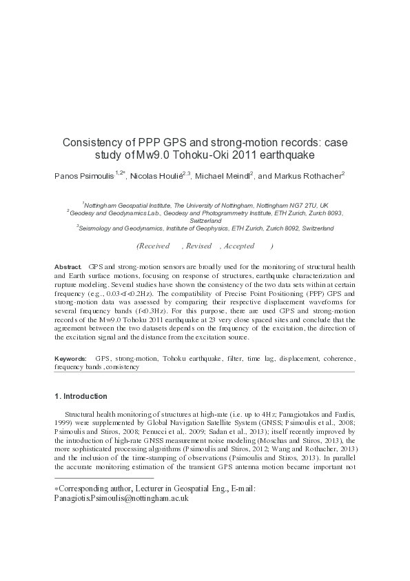 Consistency of PPP GPS and strong-motion records: case study of Mw9.0 Tohoku-Oki 2011 earthquake Thumbnail
