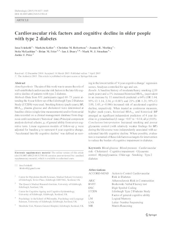 Cardiovascular risk factors and cognitive decline in older people with type 2 diabetes Thumbnail