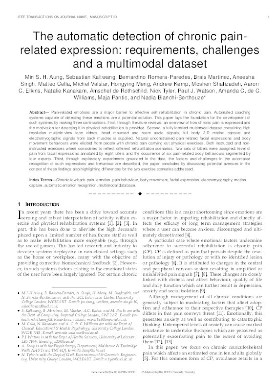 The automatic detection of chronic pain-related expression: requirements, challenges and a multimodal dataset Thumbnail