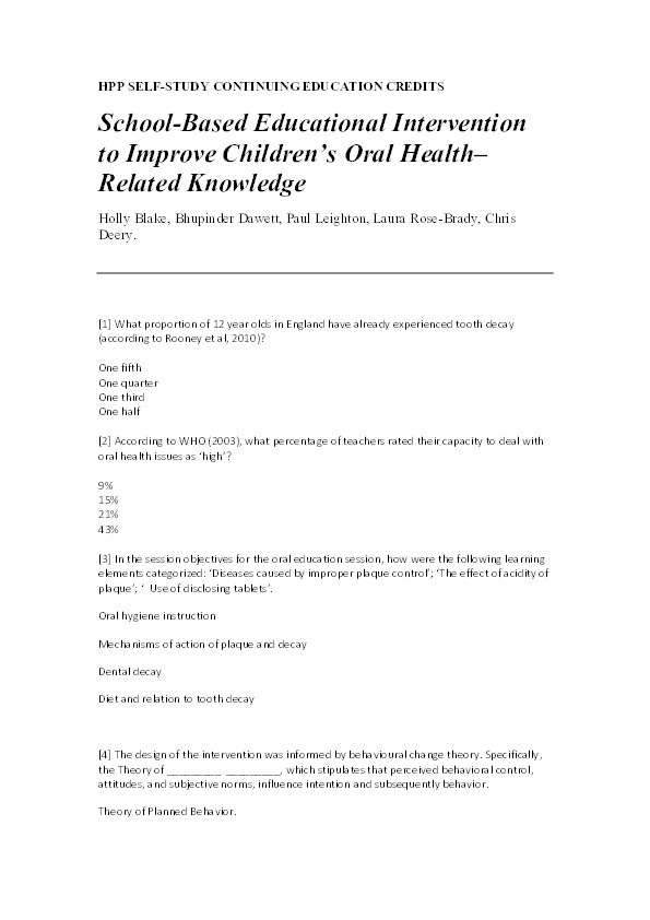 HPP self-study continuing education credits: school-based educational intervention to improve children's oral health-related knowledge Thumbnail