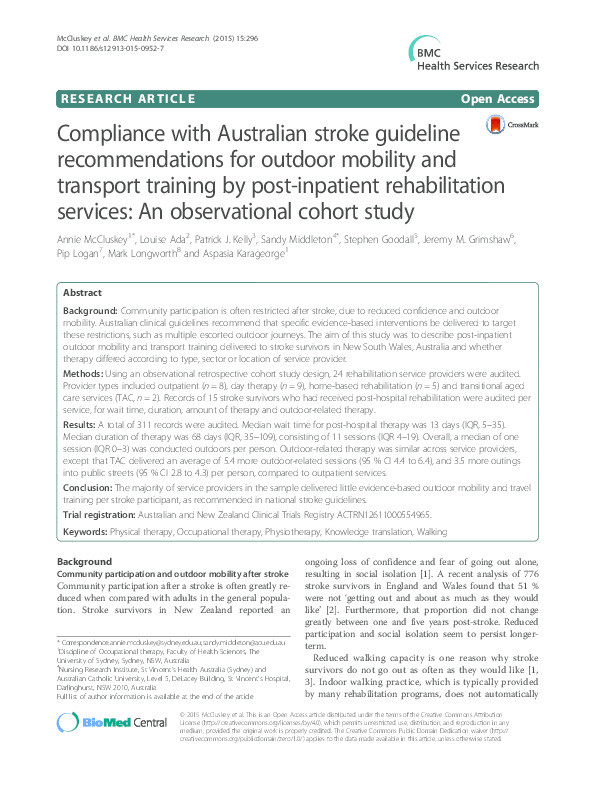 Compliance with Australian stroke guideline recommendations for outdoor mobility and transport training by post-inpatient rehabilitation services: an observational cohort study Thumbnail