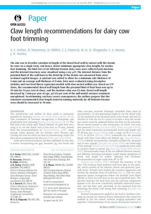 Claw length recommendations for dairy cow foot trimming Thumbnail