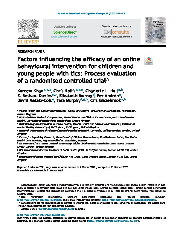 Factors influencing the efficacy of an online behavioural intervention for children and young people with tics: Process evaluation of a randomised controlled trial Thumbnail