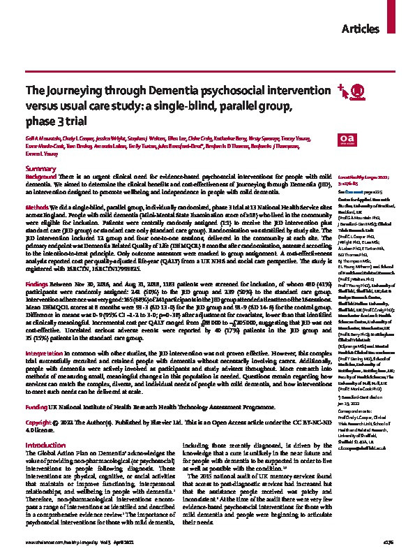 The Journeying through Dementia psychosocial intervention versus usual care study: a two-arm, phase 3, superiority randomised controlled trial Thumbnail