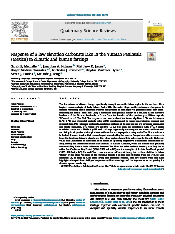 Response of a low elevation carbonate lake in the Yucatan Peninsula (Mexico) to climatic and human forcings Thumbnail