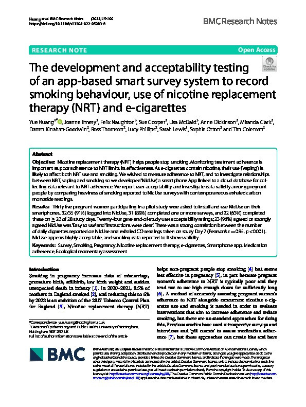 The development and acceptability testing of an app-based smart survey system to record smoking behaviour, use of nicotine replacement therapy (NRT) and e-cigarettes Thumbnail
